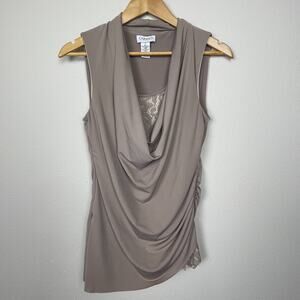 Carmen Marc Valvo Taupe Cowlneck Sleeveless Ruched Lace Hem Top Size S Fairycore